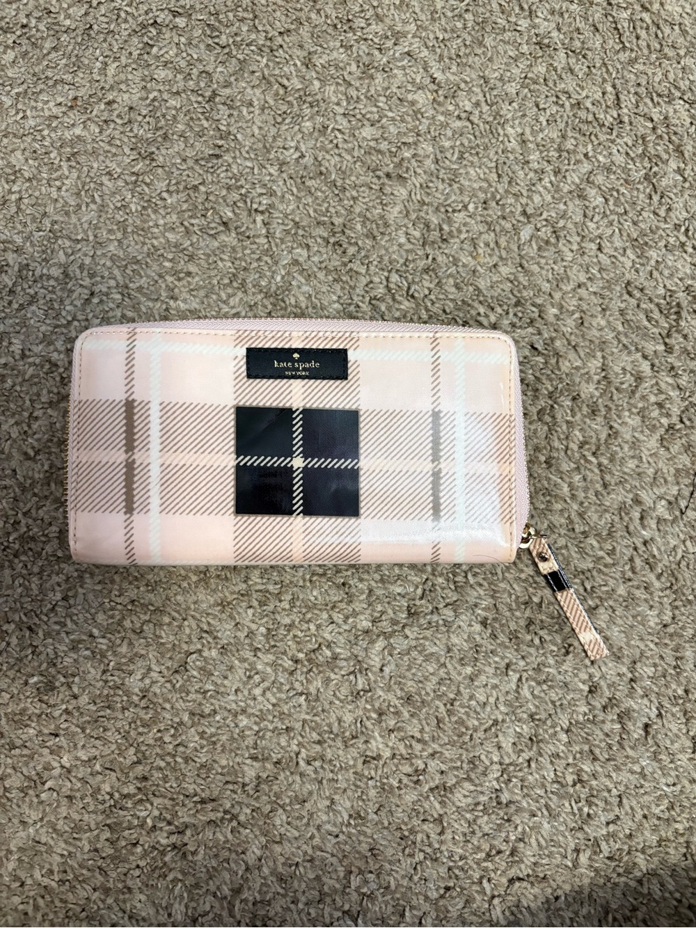 kate spade Pink Plaid Zip-Around Wallet with Black Accent